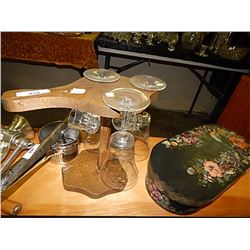 RETRO WOOD WINE GLASS HOLDER - HOLDS 3 WINE GLASSES AND 3 SHOT GLASSES - ALL GLASSES INCLUDED = 7PC 