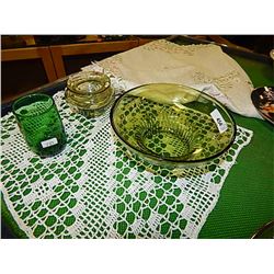 DEPRESSION GLASS - EMERALD GLASS - 3 PC TOTAL - 1 CHIP