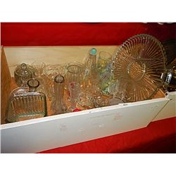 WOOD DRAWER OF ASSORTED GLASSWARE - DEPRESSION GLASS, CRYSTAL AND MORE