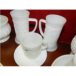 MILK GLASS - 2 STEINS & CUP & SAUCER