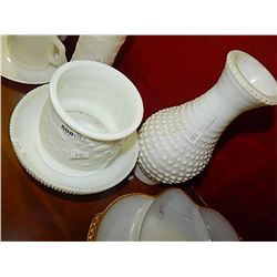 MILK GLASS - RIBBED BOW, POT AND HOBNOB VASE (chip)