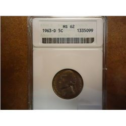 1963-D JEFFERSON NICKEL ANACS MS62