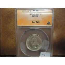 1957-B SWISS SILVER 2 FRANCS ANACS AU50