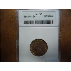 1940-S JEFFERSON NICKEL ANACS AU58