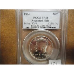 1964 KENNEDY HALF DOLLAR ACCENTED HAIR PCGS PR65