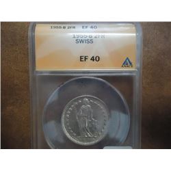 1955-B SWISS SILVER 2 FRANCS ANACS (EXTRA FINE 40)