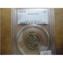 1943-P 35% SILVER JEFFERSON WAR NICKEL PCGS F12