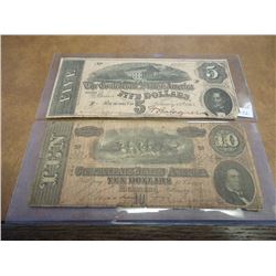 CONFEDERATE NOTES 1864 $5 AND 1864 $10