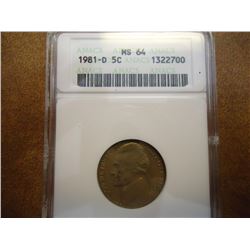 1981-D JEFFERSON NICKEL ANACS MS64