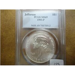 1993-P JEFFERSON COMMEMORATIVE SILVER $ PCGS MS69