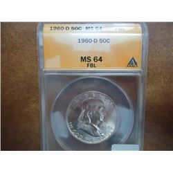 1960-D FRANKLIN HALF DOLLAR ANACS MS64 FBL