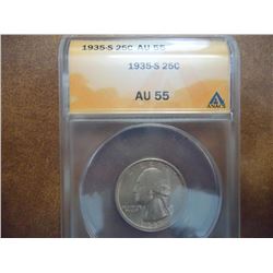 1935-S WASHINGTON SILVER QUARTER ANACS AU55