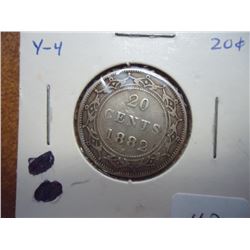 1882-H NEWFOUNDLAND SILVER 20 CENTS VERY FINE