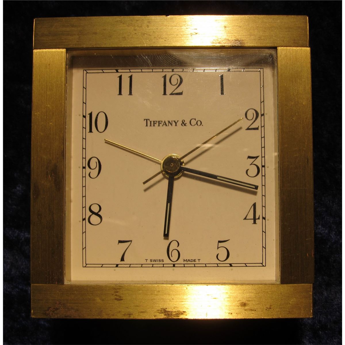 802. Tiffany & Company Swiss made brass case alarm clock, quartz