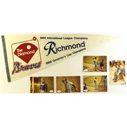 Lot of (6) Braves Signed 4x6 Photos With Vintage 1986 Braves Pennant (JSA COA)