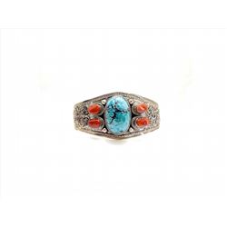 Sterling Silver .925 Big Turquoise w/ Red Coral Filigree Bangle