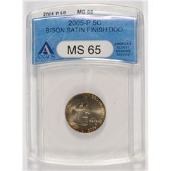 2005 BISON JEFFERSON NICKEL SATIN FINISH DOUBLED DIE OBVERSE, ANACS MS-65