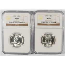 LOT OF ( 2 ) 1950-D WASHINGTON QUARTERS, NGC MS-66