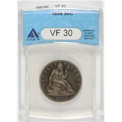 1858 SEATED HALF DOLLAR, ANACS VF-30
