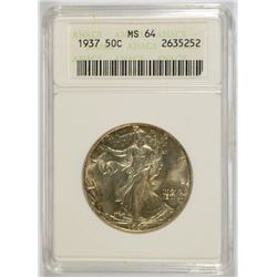 1937 WALKING LIBERTY HALF DOLLAR,  ANACS MS-64