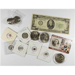 COLLECTORS LOT; 1934A $20 US BANKNOTE, 10-1979 SUSAN B's, OFF CUT DIME, PLUS