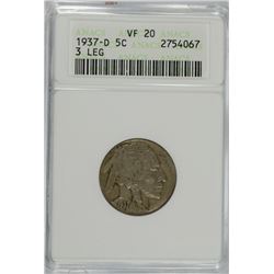 1937-D (3-LEGGED) BUFFALO NICKEL ANACS VF-20