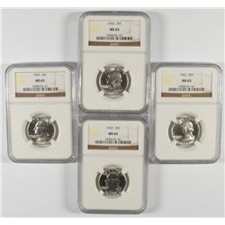 LOT OF (4 ) 1962 WASHINGTON QUARTERS, NGC MS-65