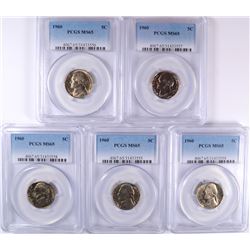 (5) 1960 JEFFERSON NICKEL'S PCGS MS-65