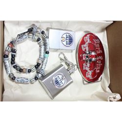 BOX W/ BELT BUCKLE, OILERS ZIPPO W/ FLASK, AND