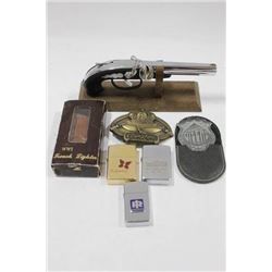 FLAT OF COLLECTIBLE LIGHTERS, BELT BUCKLE, ETC.