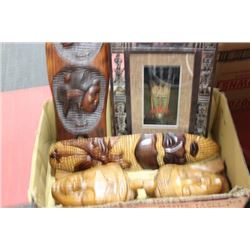 BOX OF WOODEN MASKS AND AFRICAN PICTURE