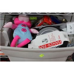 GREY TUB WITH HOUSEHOLD ITEMS