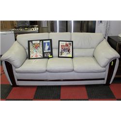 LEATHER SOFA, GREY WITH CHERRY TRIM
