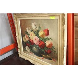 VINTAGE WOOD FRAMED CANVAS: FLORAL PICTURE SIGNED