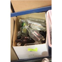 BOX OF VINTAGE MEDICINE AND FLUID BOTTLES