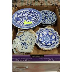 TRAY OF BLUE/WHITE DECORATIVE DISHES, ECT