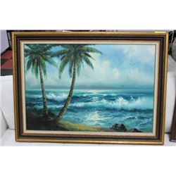 SIGNED VINTAGE WOOD FRAMED CANVAS: OCEAN/PALM TREE