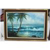 Image 1 : SIGNED VINTAGE WOOD FRAMED CANVAS: OCEAN/PALM TREE