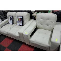 WHITE LEATHERETTE DESIGNER LOVE SEAT W CHAIR