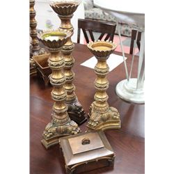 SET OF THREE CANDLE PEDESTALS, WITH JEWEL BOX