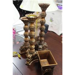 SET OF THREE CANDLE PEDESTALS, WITH FLOWER POT