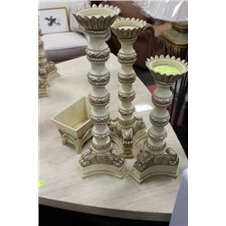 SET OF THREE CANDLE PEDESTALS, CREAM/ SILVER