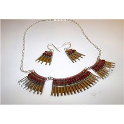 Zuni Sterling Silver Coral Necklace Earrings Set