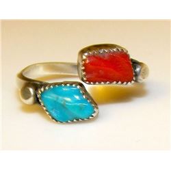 Navajo Sterling Silver Turquoise Coral Adjustable Ring