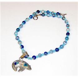 Navajo Sterling Turquoise Bear Pendant Lapis Necklace