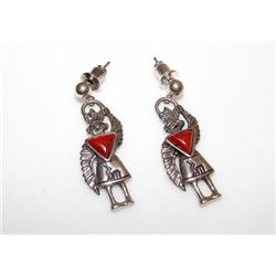 Sterling Silver Coral Native American Kachina Earrings