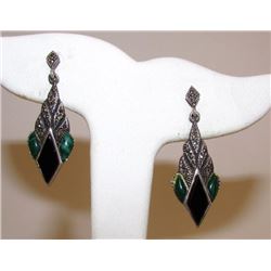 Sterling Silver 925 Black Onyx Green Malachite Earrings