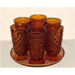 Fostoria Amber Glass Footed Glasses on a Tray Set
