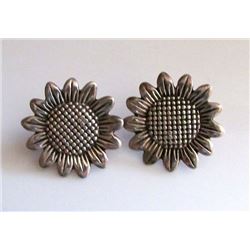 Sterling Silver Mexican Taxco Sunflower Stud Earrings