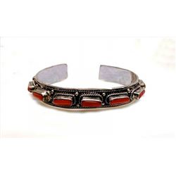 Sterling Silver .925 Red Coral Cuff Bangle